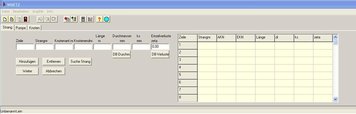 WNETZ Desktop Startoberfläche mit Tabellenblättern für Rohre, Pumpen und Knoten