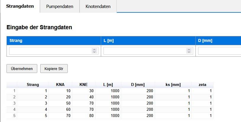 WNETZ Dateneingabe: Strangdaten, Pumpendaten und Knotendaten in tabellarischer Übersicht zur hydraulischen Rohrnetzberechnung